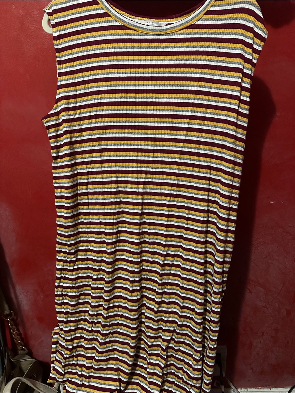 LOFT Striped Maxi Dress in Burgundy, Mustard & White